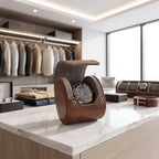 Elegant vintage brown leather watch roll with soft grey suede lining, designed for travel and watch protection in a modern dressing room.