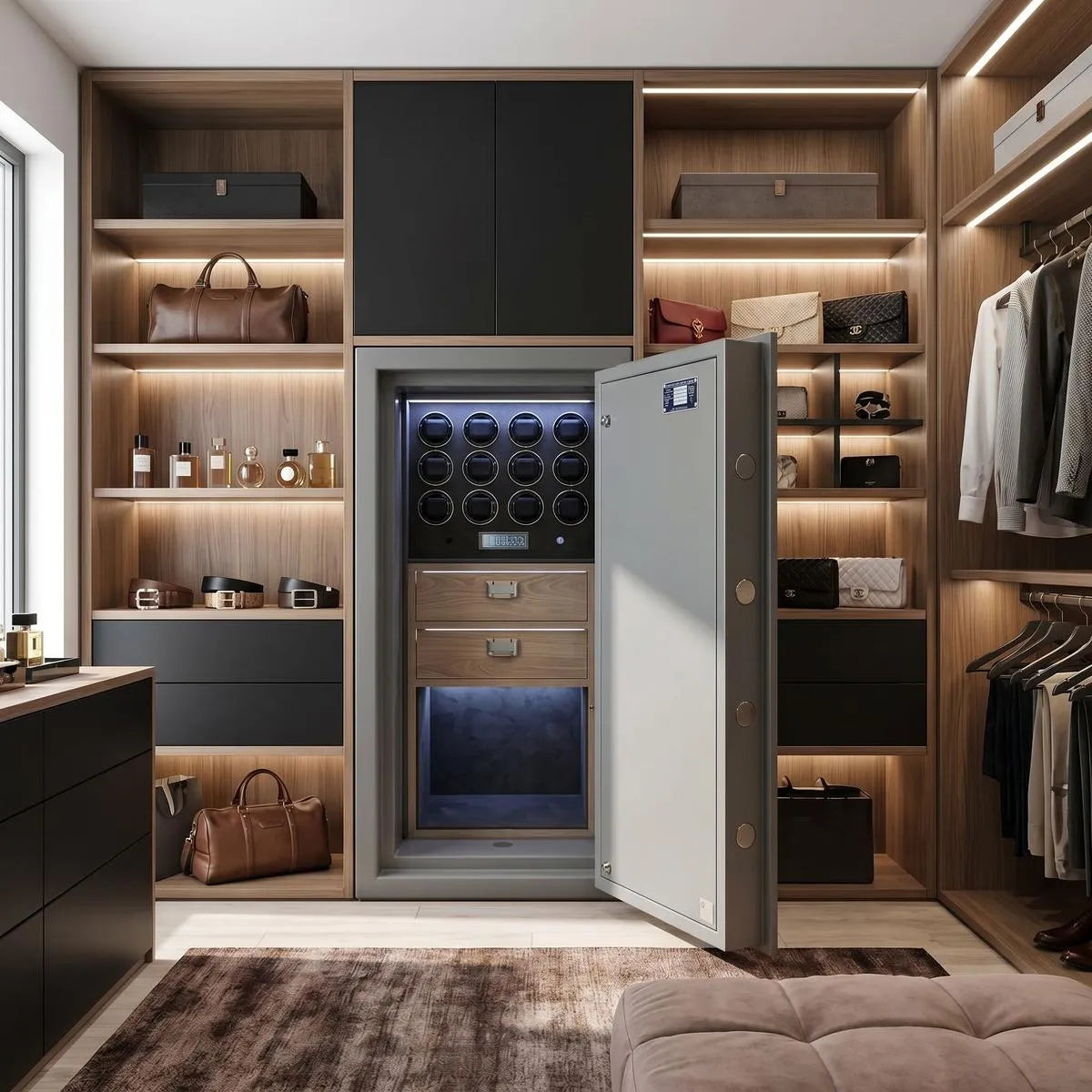 Small-grade 5 watch winder safe in a modern walk-in dressing room with built-in wall units and reflective black fronts, showcasing premium leather details.
