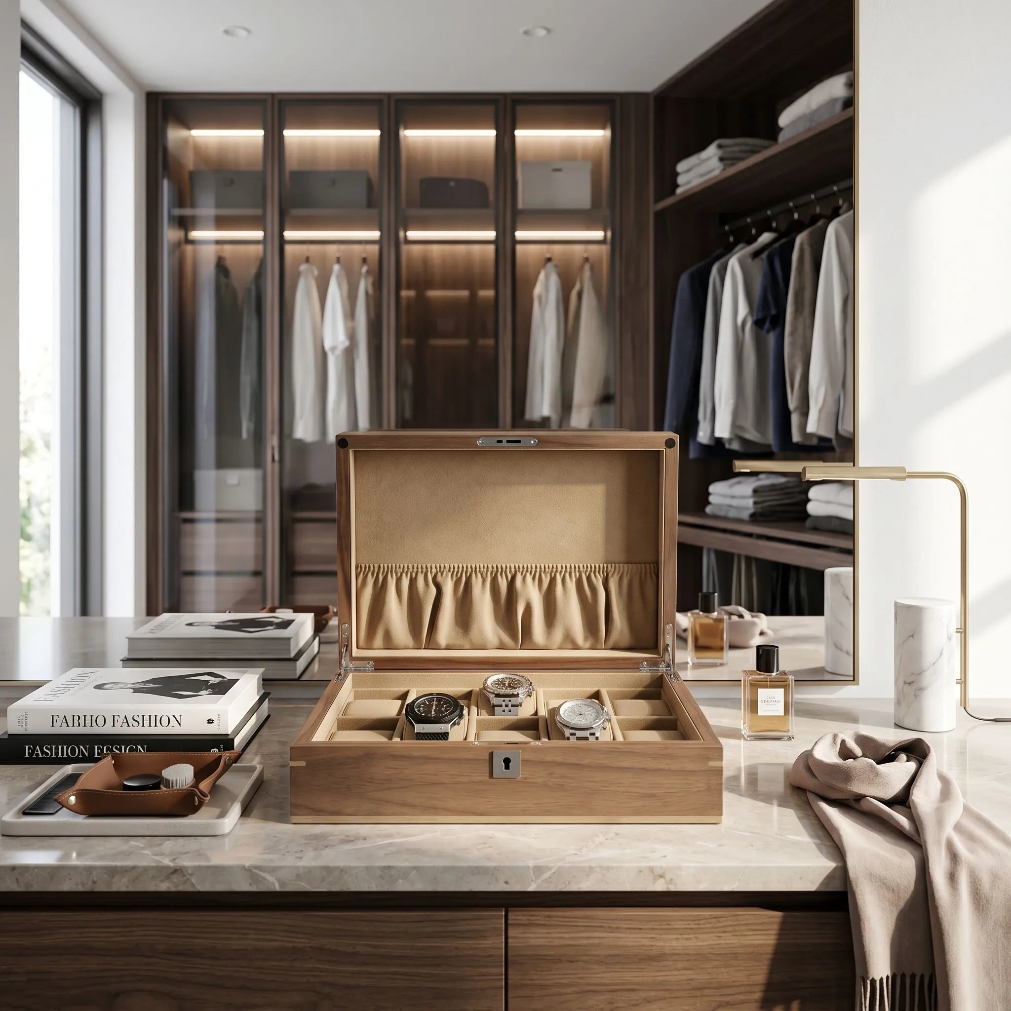 Spacious dressing room with a light walnut wood watch box displaying ten watches, surrounded by elegant props in bright, modern decor.