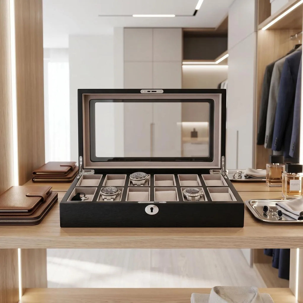 Elegant 12-watch box with black oak veneer finish displayed in a luxurious walk-in dressing room with jewelry trays and leather accessories.