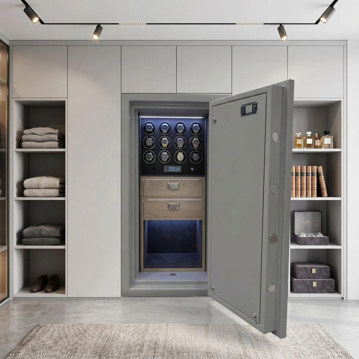 High-resolution photo of a luxury watch winder safe embedded in sleek wall units within a bright, modern dressing room, highlighting its glossy black front and premium leather finish.