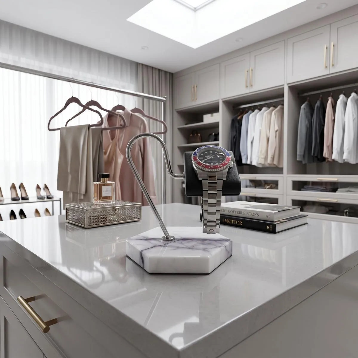 White marble watch stand with dark violet veins and black leather cushion, showcased in a modern dressing room setting.