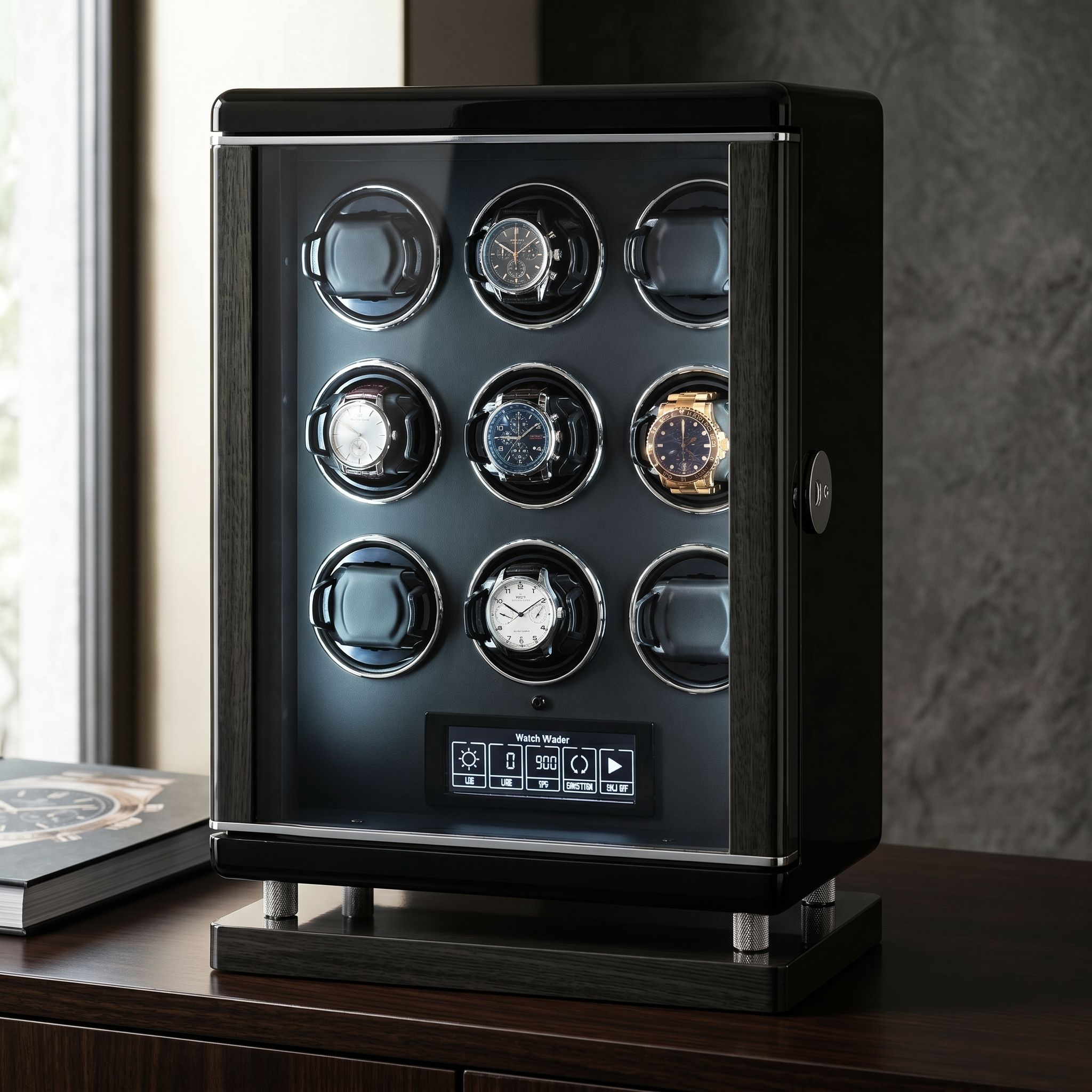 Sleek 9-watch winder for automatic watches with biometric lock, premium finish, digital touchscreen, and LED lighting in a luxury setting.