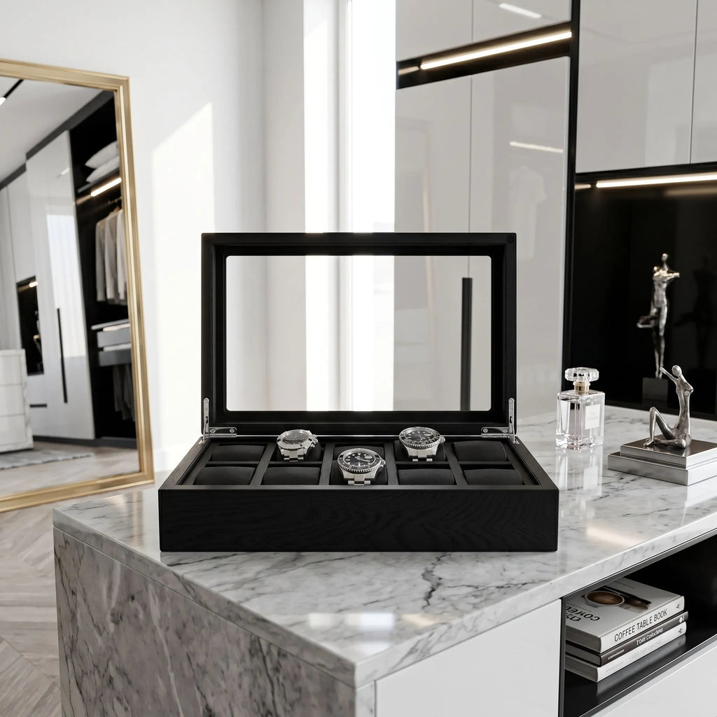 Perspective of the Tempus 10 Watch Box highlighting black oak veneer finish, secure watch slots, and chic dressing room setting.