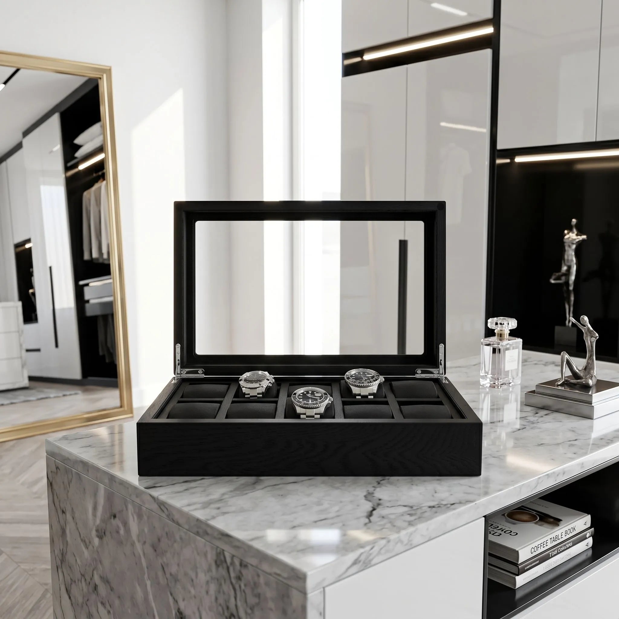 Perspective of the Tempus 10 Watch Box highlighting black oak veneer finish, secure watch slots, and chic dressing room setting.