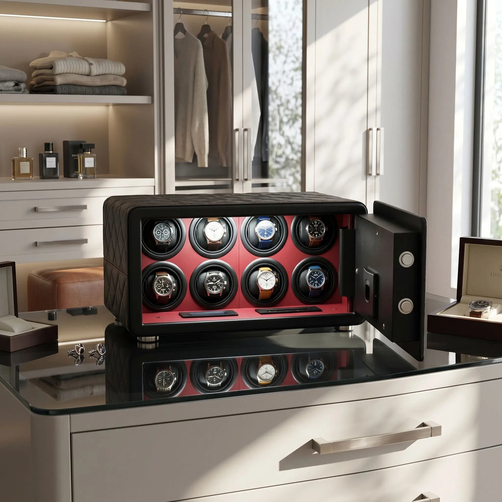 Full-body view of the Tempus 8 watch winder safe on a reflective surface, highlighting its size relative to wrist watches in a bright, luxurious dressing room.