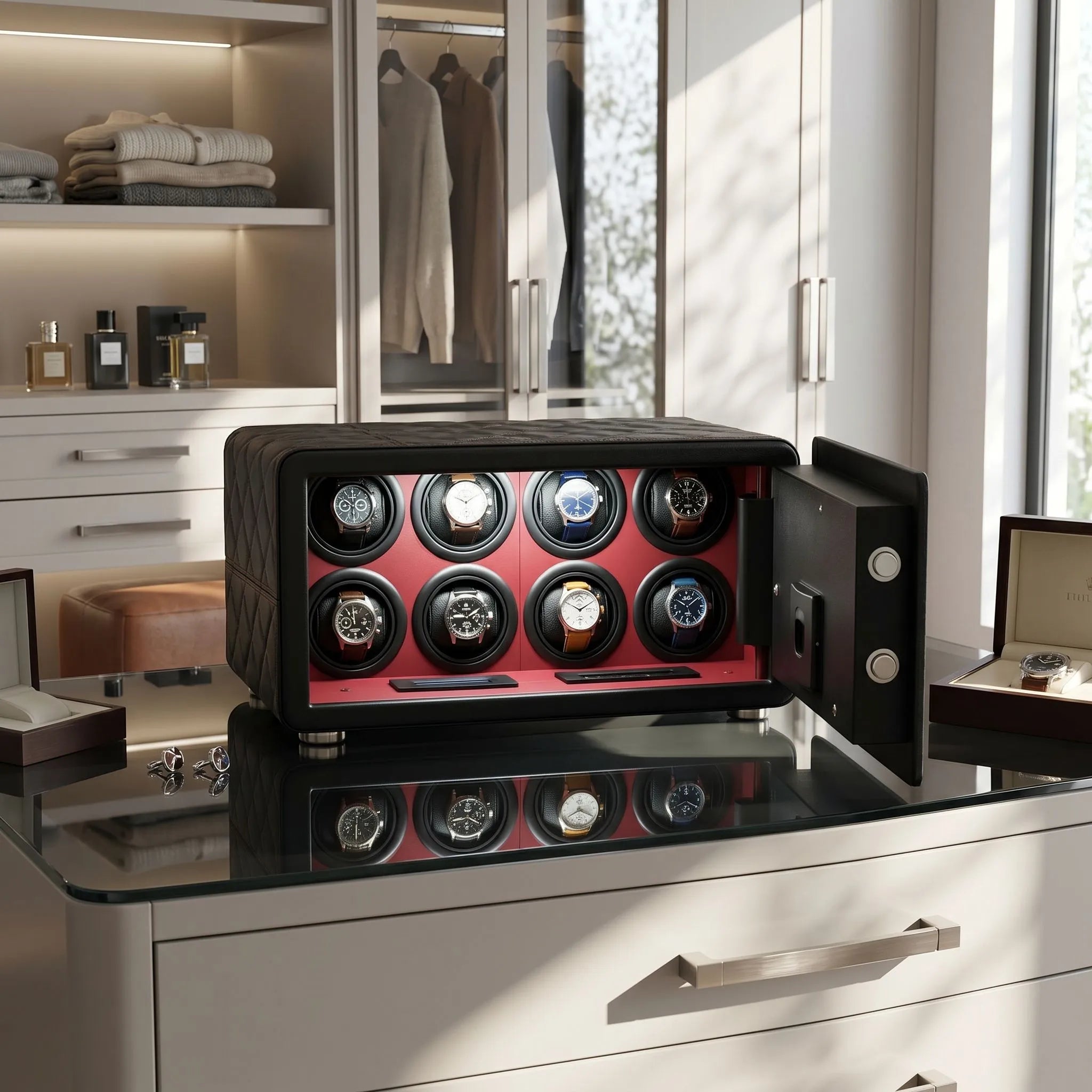 Full-body view of the Tempus 8 watch winder safe on a reflective surface, highlighting its size relative to wrist watches in a bright, luxurious dressing room.