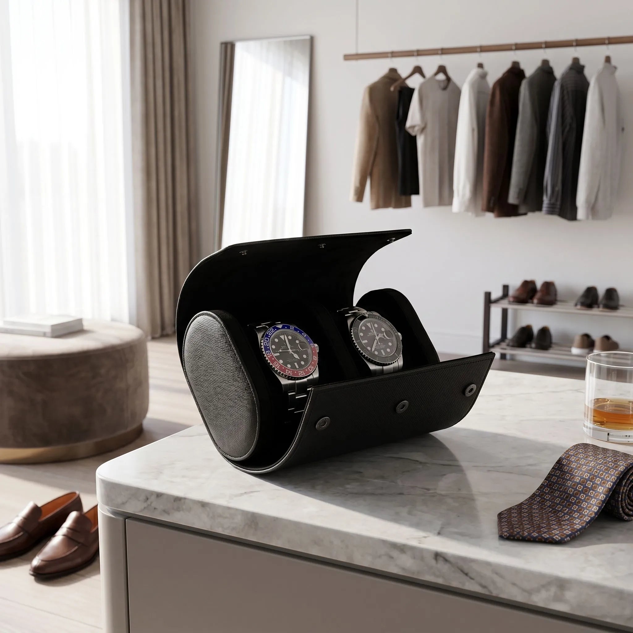 Walk-in dressing room showcasing a luxurious watch case emphasizing premium quality and functional design.