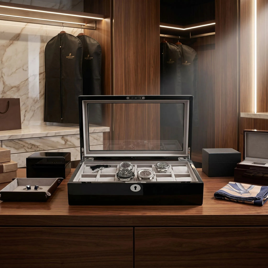High-resolution image of black glossy 12-watch display case with glass top and grey lining, placed in a bright modern dressing room environment.