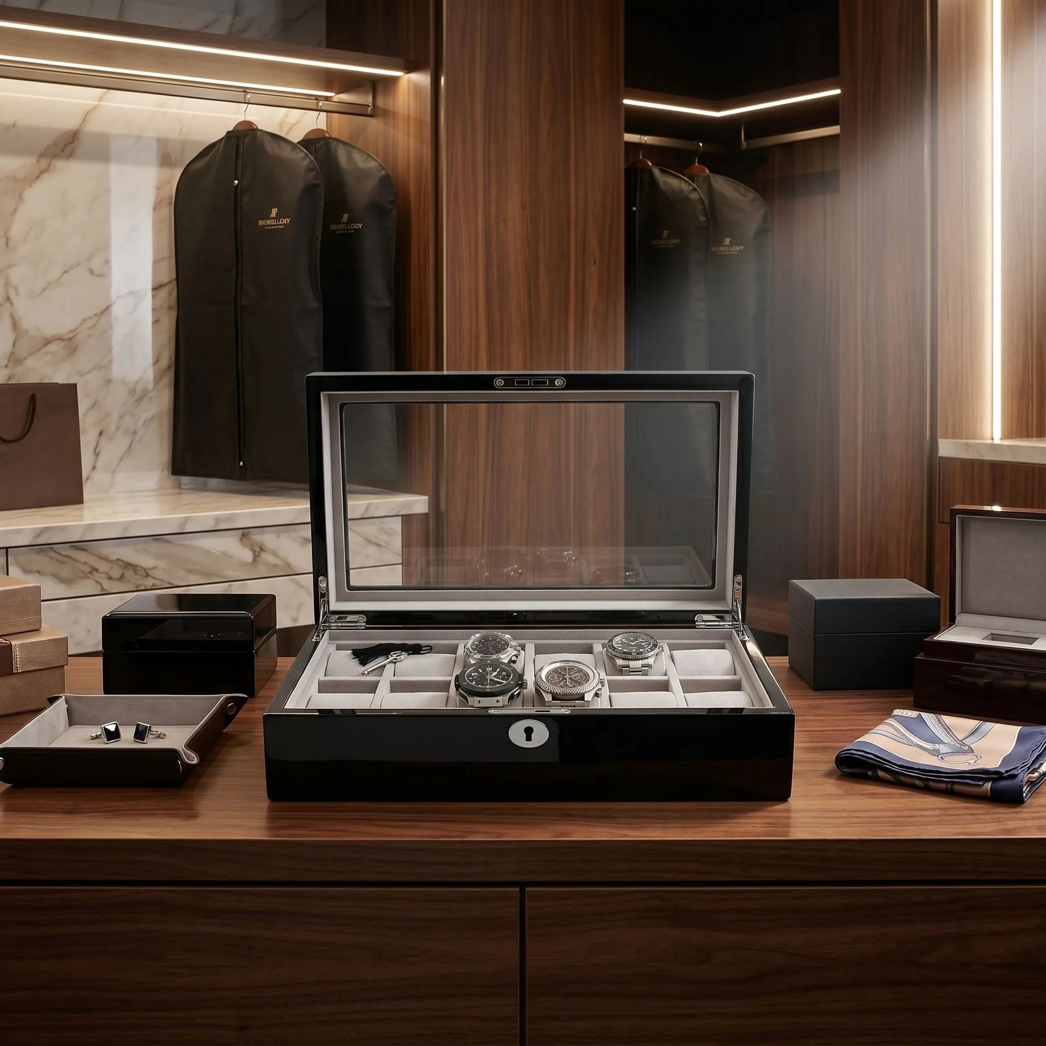 High-resolution image of black glossy 12-watch display case with glass top and grey lining, placed in a bright modern dressing room environment.