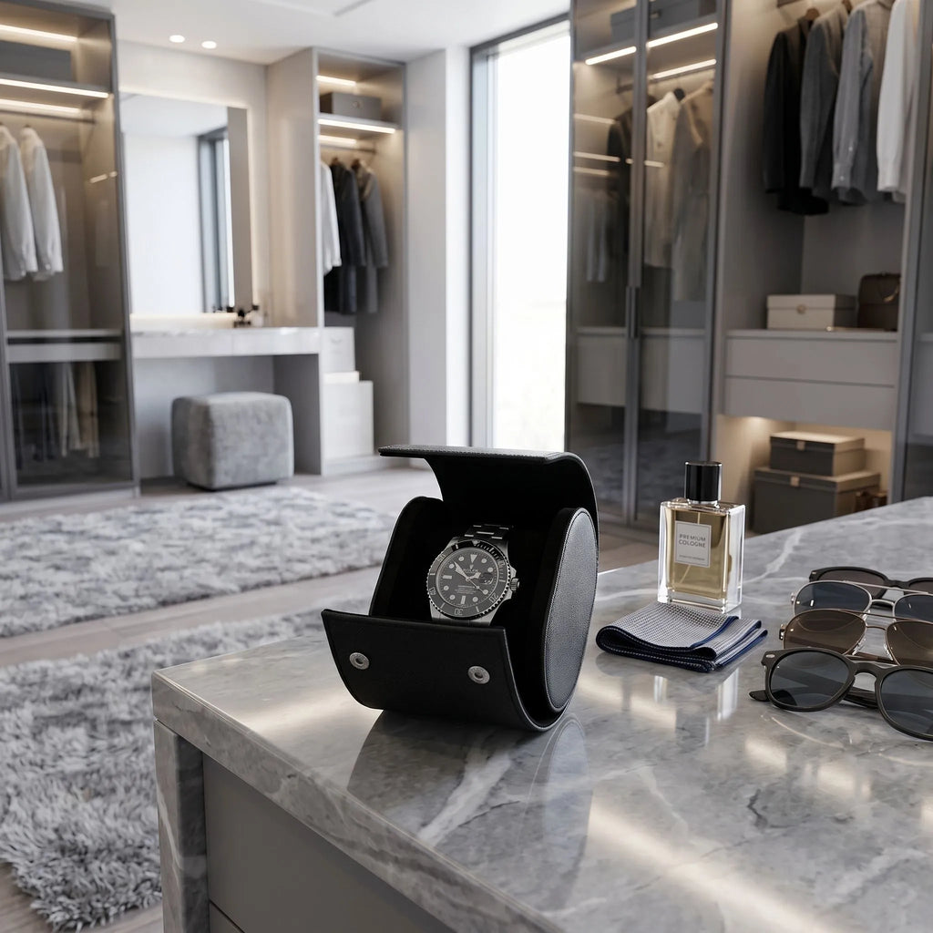 Full-body shot of black saffiano leather watch roll on a contemporary vanity in a plush dressing room scene.