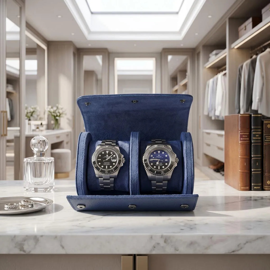 Close-up of blue vegan leather watch roll by Tempus with plush suede lining, detailed stitching, and vibrant color in a luxurious dressing room.