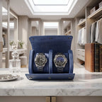 Close-up of blue vegan leather watch roll by Tempus with plush suede lining, detailed stitching, and vibrant color in a luxurious dressing room.