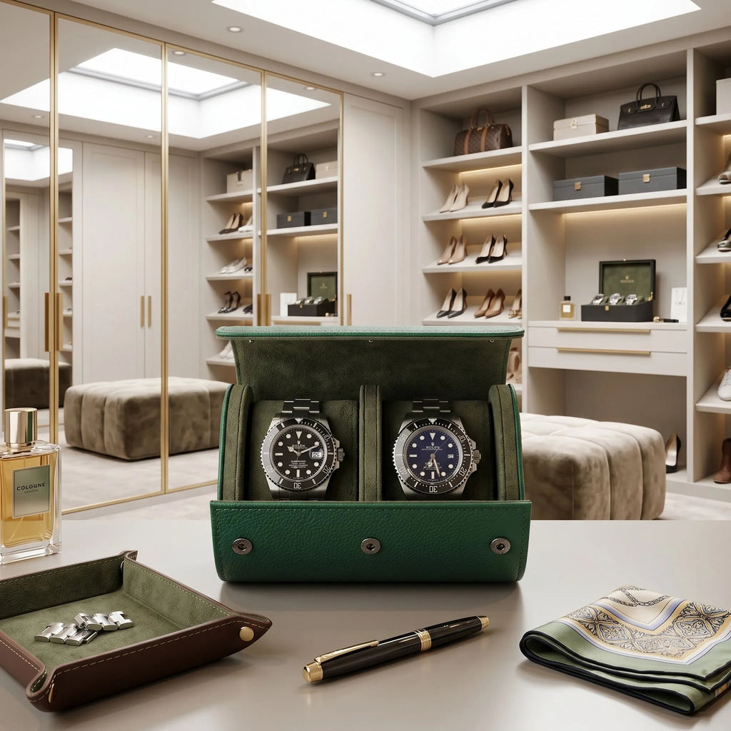 Full-body view of a green vegan leather watch roll on a dressing room table in a bright, modern space, showing size and capacity.