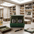 Full-body view of a green vegan leather watch roll on a dressing room table in a bright, modern space, showing size and capacity.