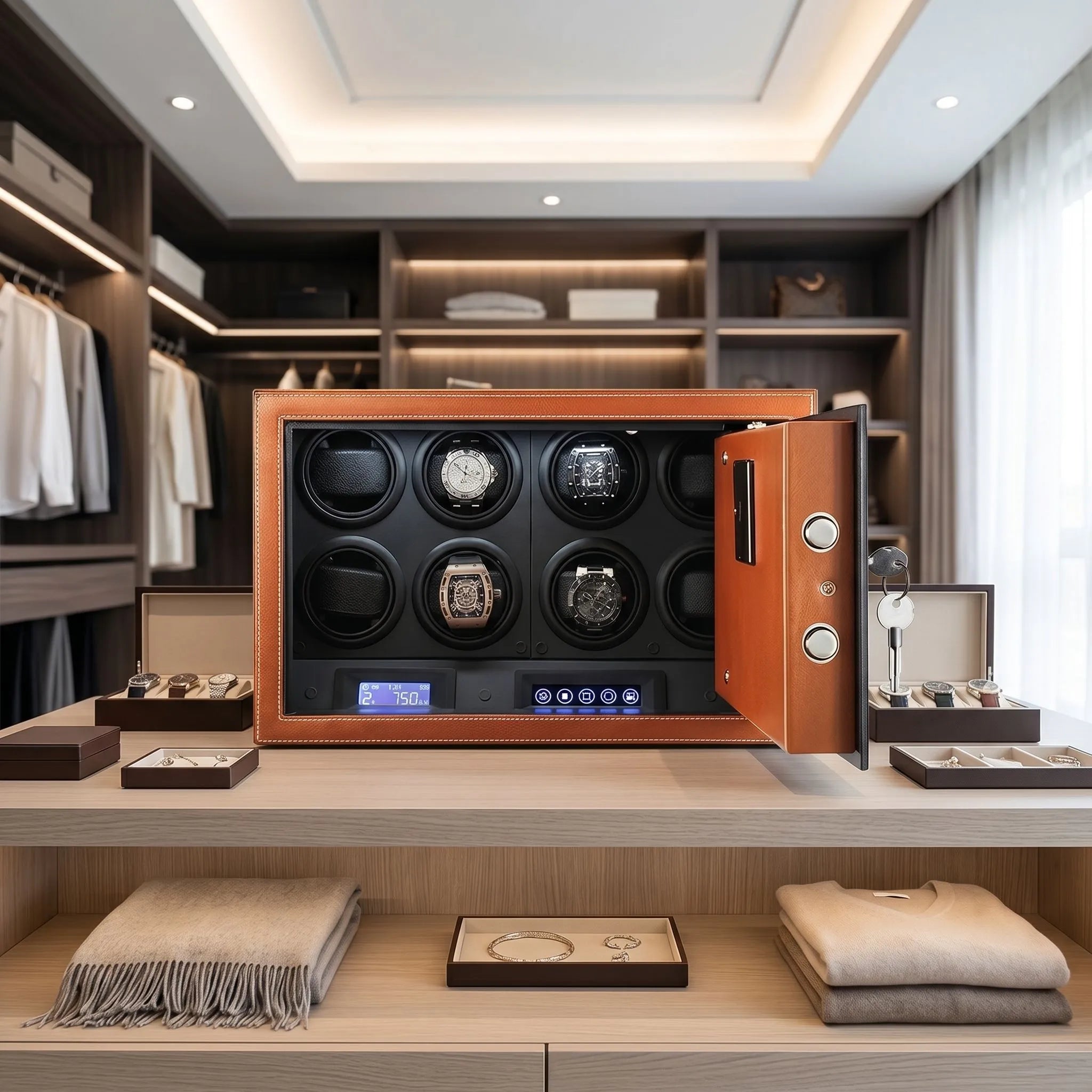 Front view of the Tempus 8 Watch Winder Safe in a stylish dressing room, highlighting its texture, lock system, and array of luxury watches.