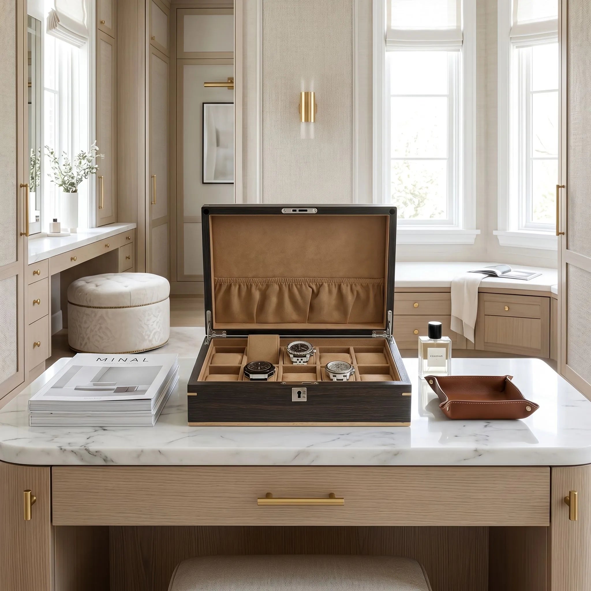 Front view of dark walnut wood watch box on modern dressing room surface, highlighting premium craftsmanship and glass top.