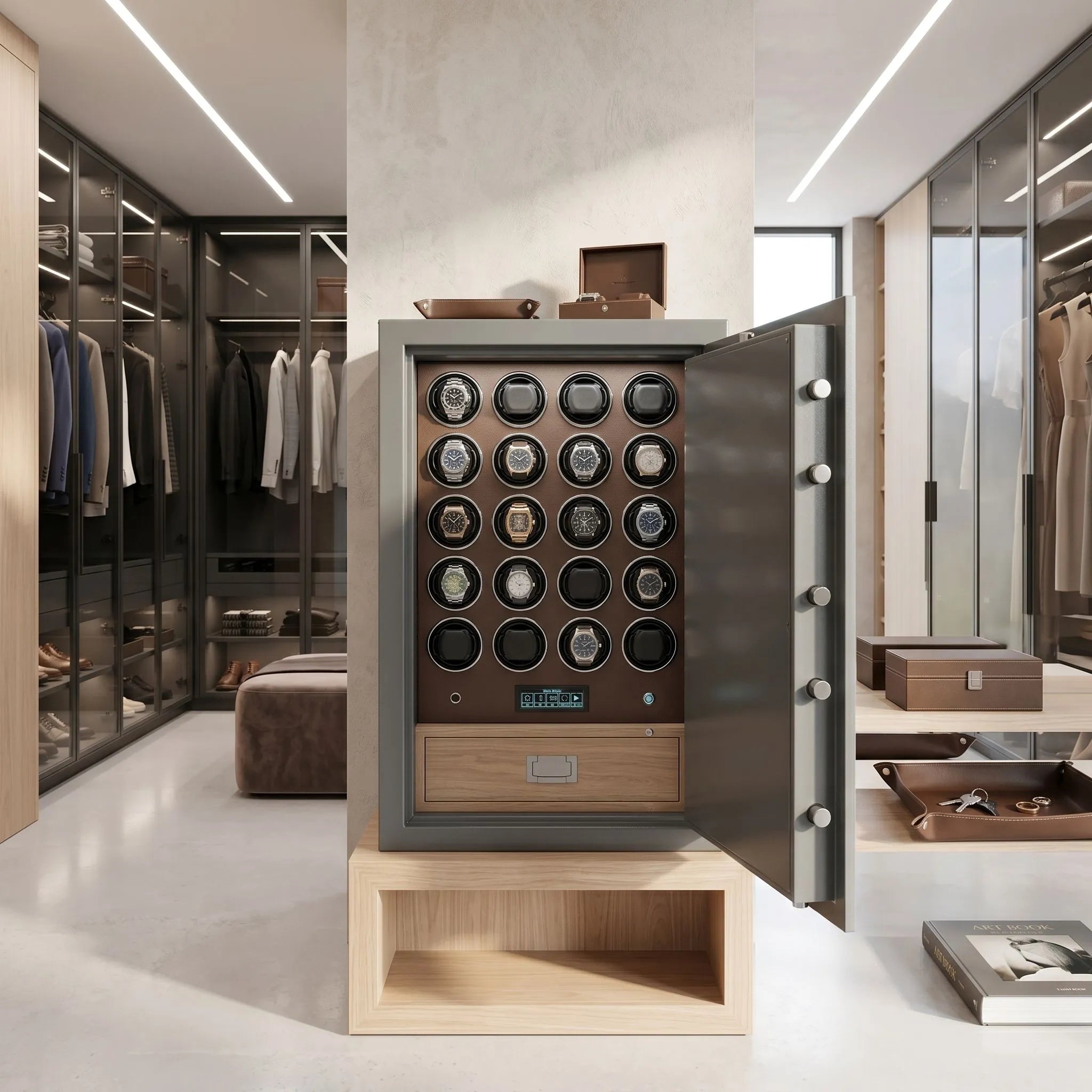 Full-body view of the scaled-down 24 Watch Winder Safe Grade 3 in a bright contemporary dressing room with stylish props and soft LED lighting.