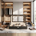High-quality 12 watch box in carbon fibre printed leather on a modern vanity table in a bright luxurious dressing room.