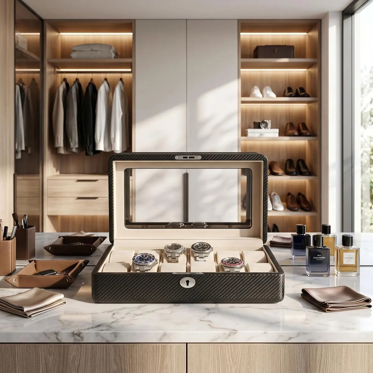 High-quality 12 watch box in carbon fibre printed leather on a modern vanity table in a bright luxurious dressing room.