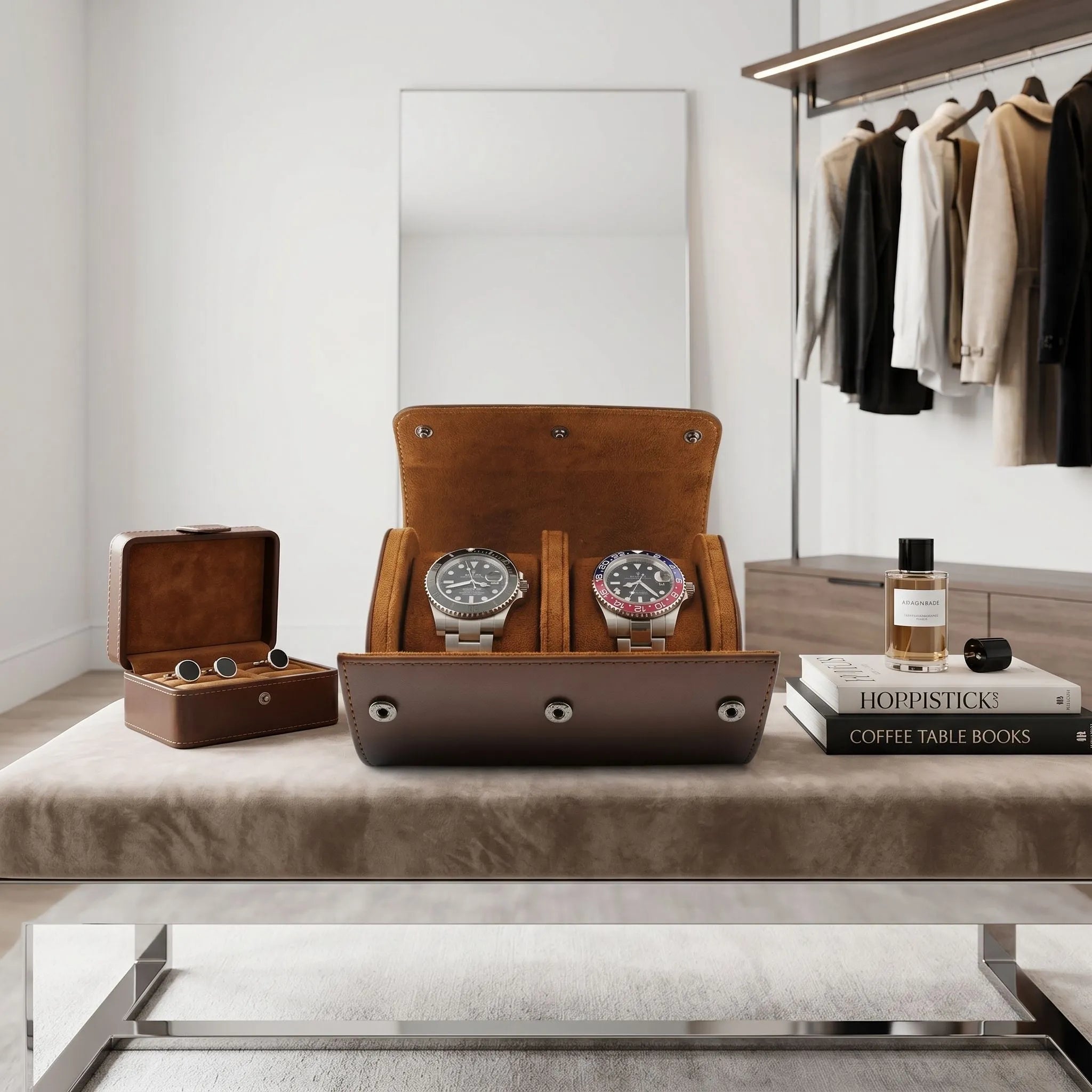 Full-body view of the premium double watch roll on a dressing room bench with modern, bright interior and elegant props.