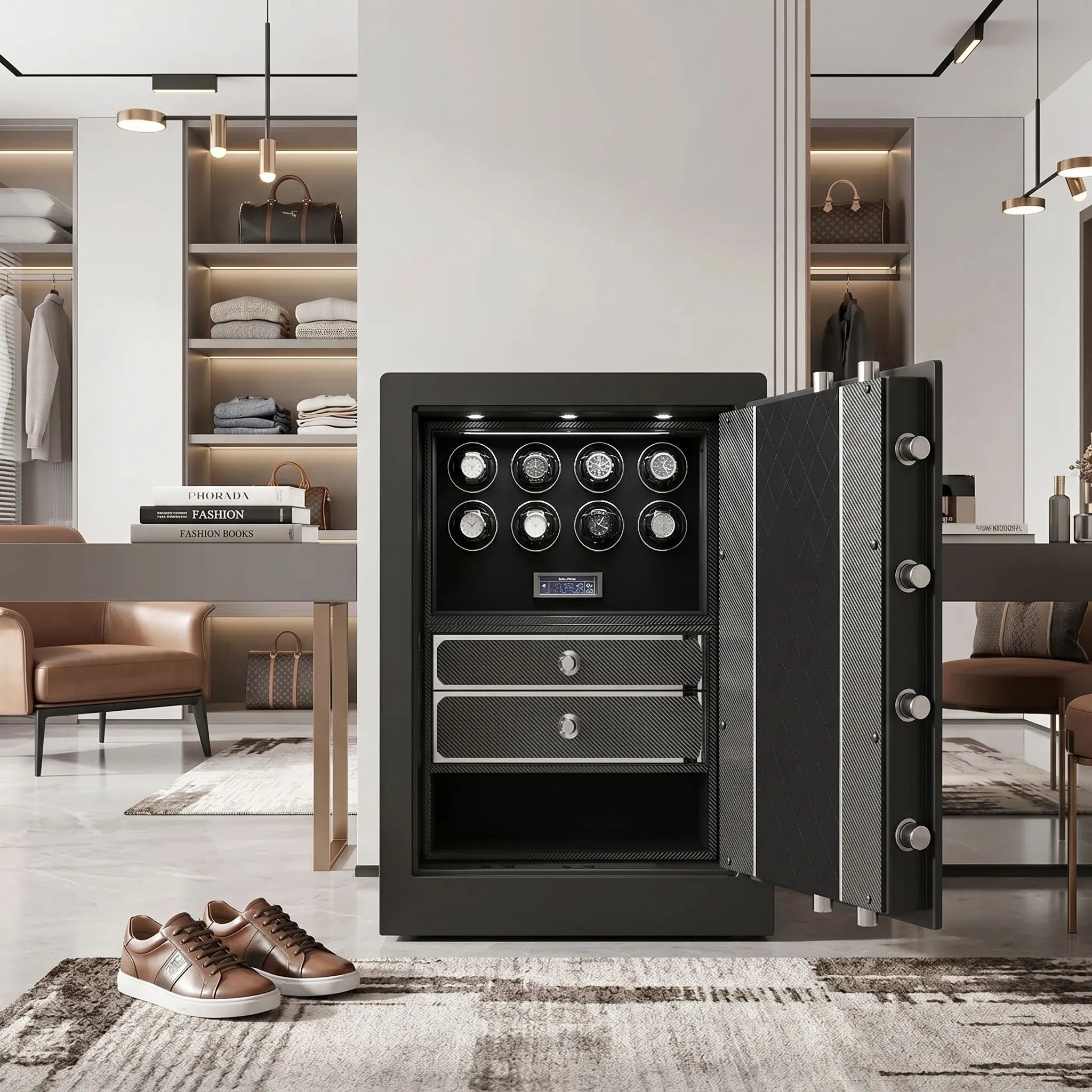 Full-body view of the Chubb Watch Winder Safe for 8 watches in a high-end dressing room, showcasing size, luxurious textures, and stylish props.