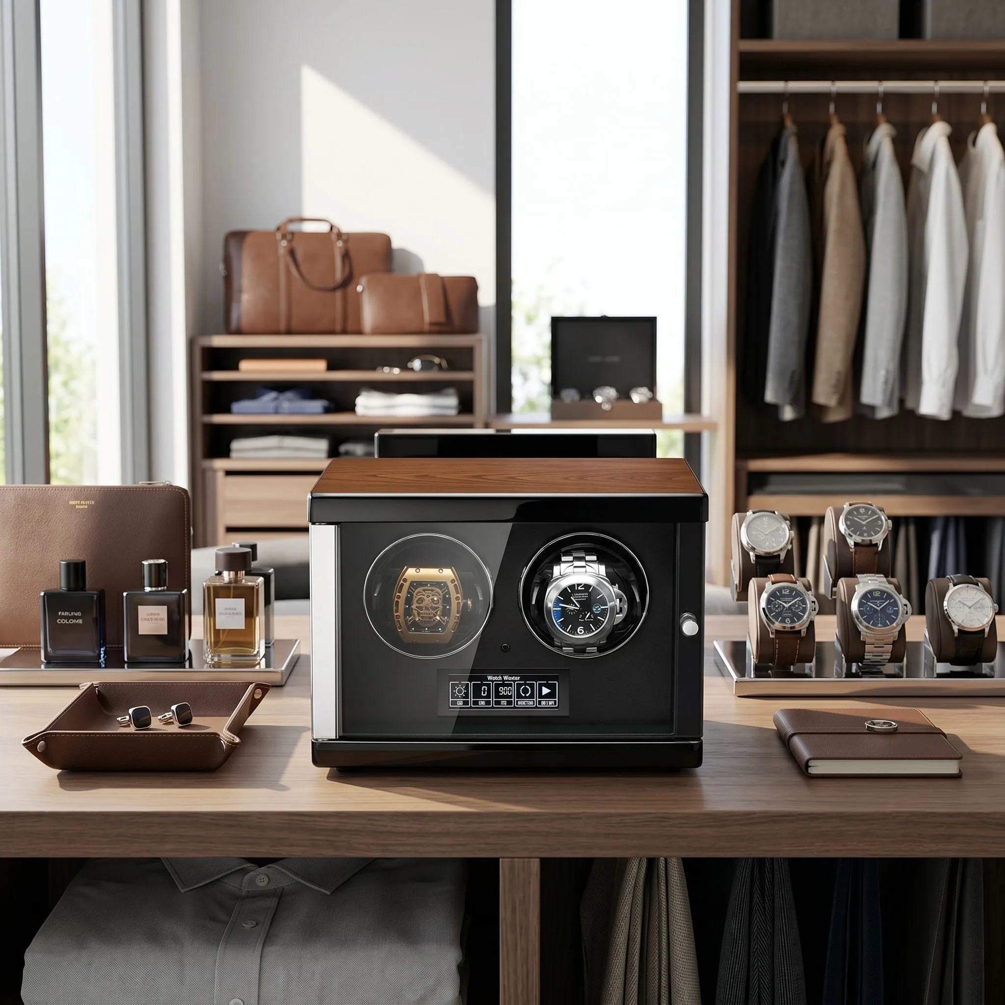 Single shot of Tempus 2 watch winder on a modern dressing room shelf with luxury props, highlighting premium finish and micro-texture details.