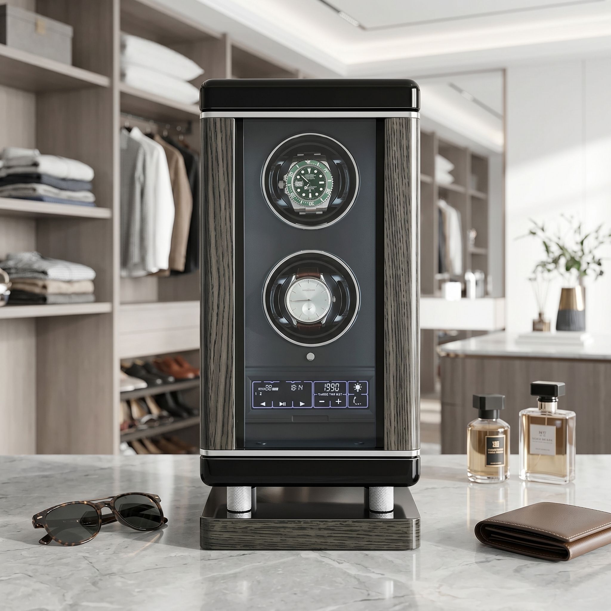 Front shot of Tempus 2 Watch Winder with LED lighting and biometric lock on a polished dressing room surface with fashion accessories.