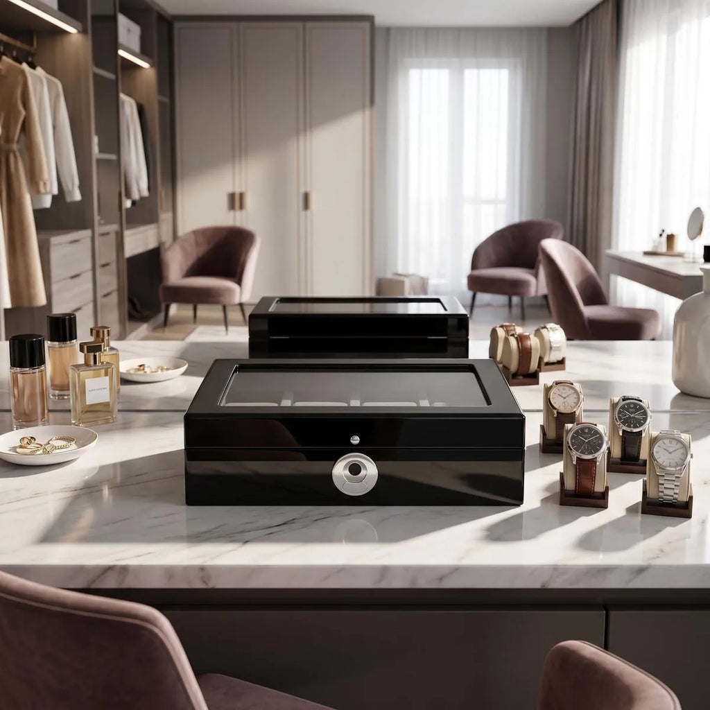 Modern black piano finish watch box with biometric lock on dressing room counter with fashion props.
