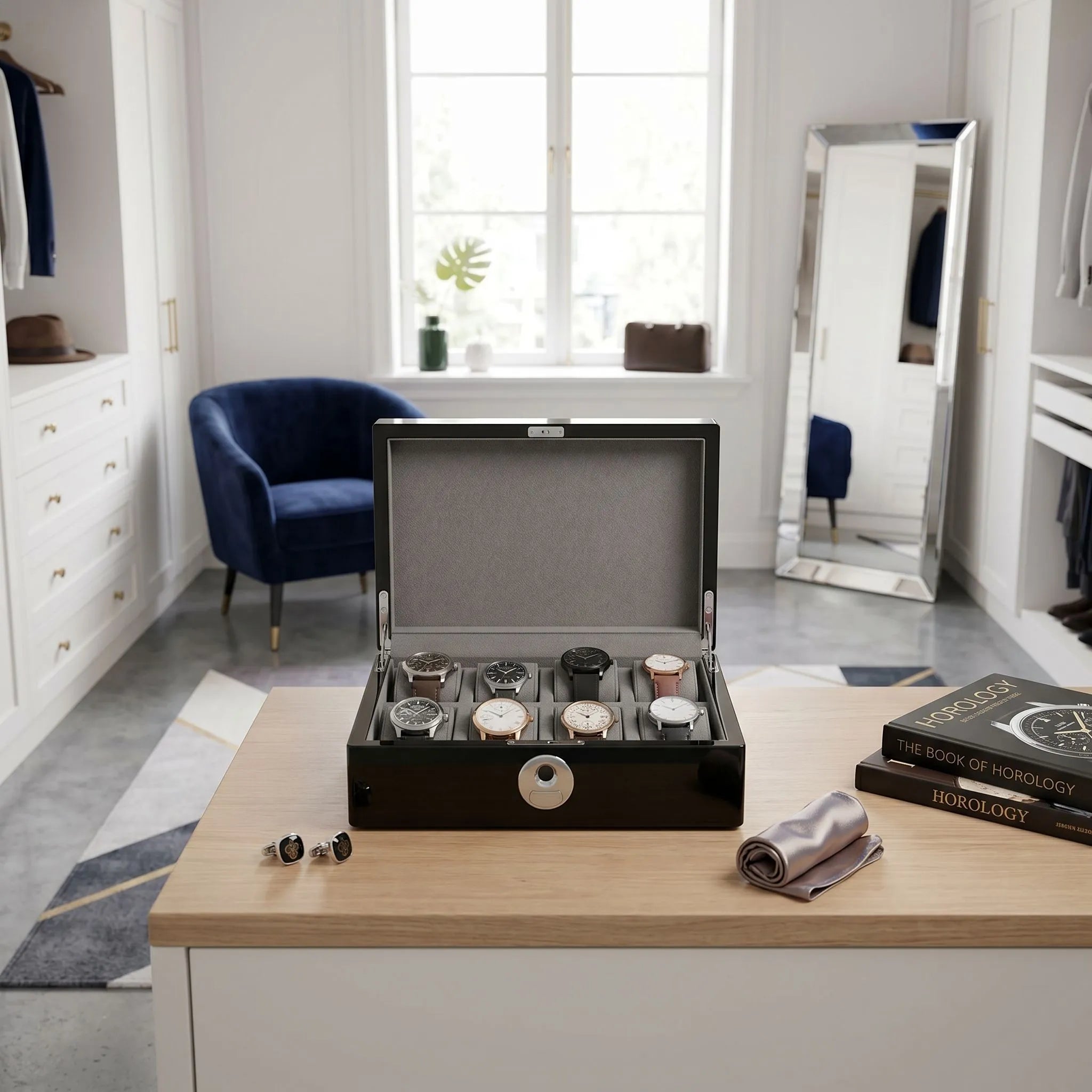 Close-up of Tempus 8 watch box in black piano finish highlighting biometric fingerprint lock and glossy surface in luxury walk-in dressing room.