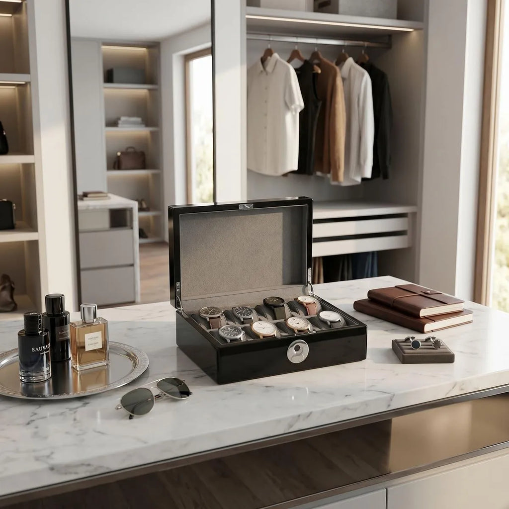Full view of Tempus 8 watch box on dressing room vanity showing black finish, cushioned slots, and secure biometric lock, styled with luxury accessories.