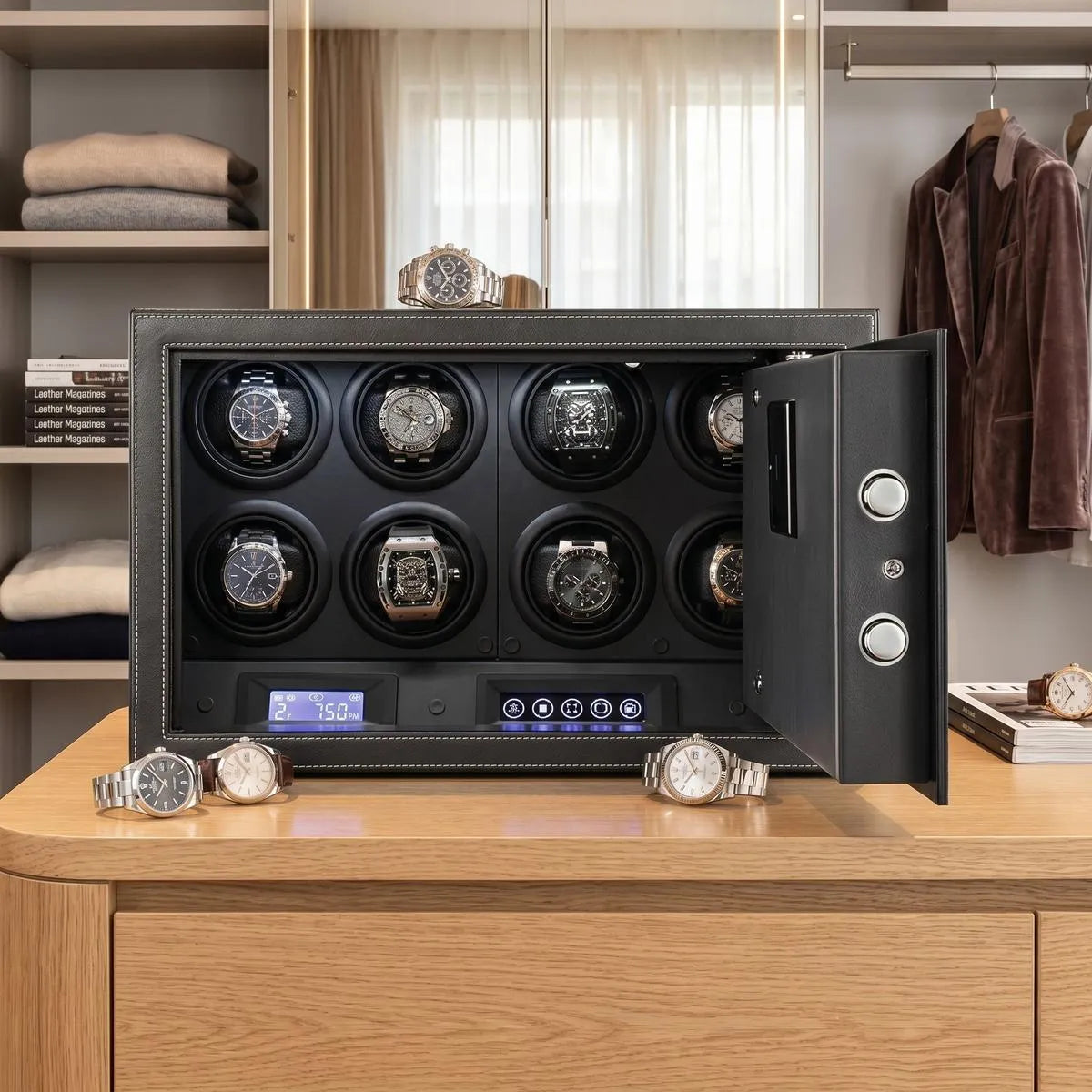 Close-up of Tempus 8 watch winder safe in a luxurious walk-in dressing room, showcasing black leather finish and neatly arranged watches.