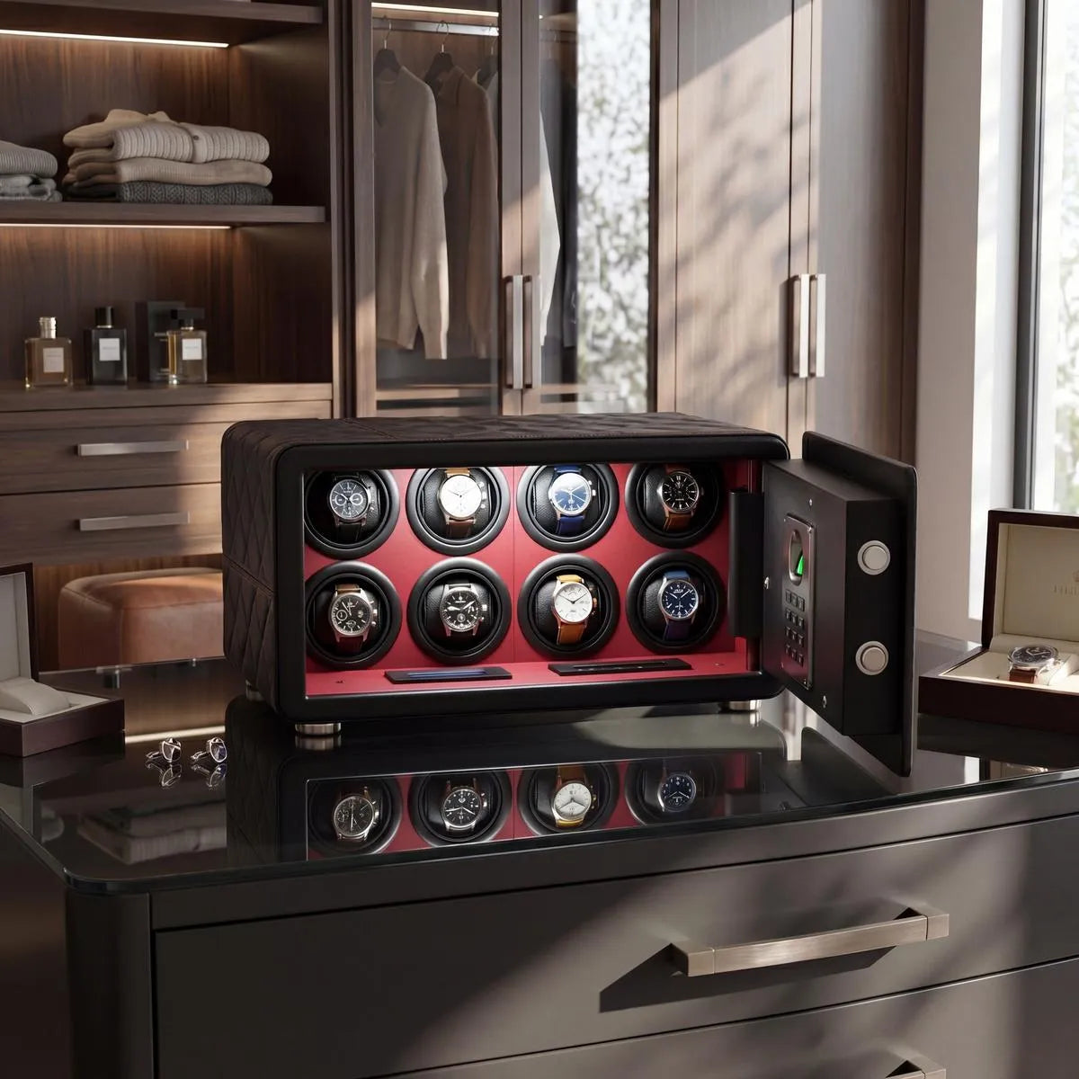Elegant Tempus 8 watch winder safe with black leather and red stitching, featuring fingerprint scanner and keypad in a sophisticated setting.