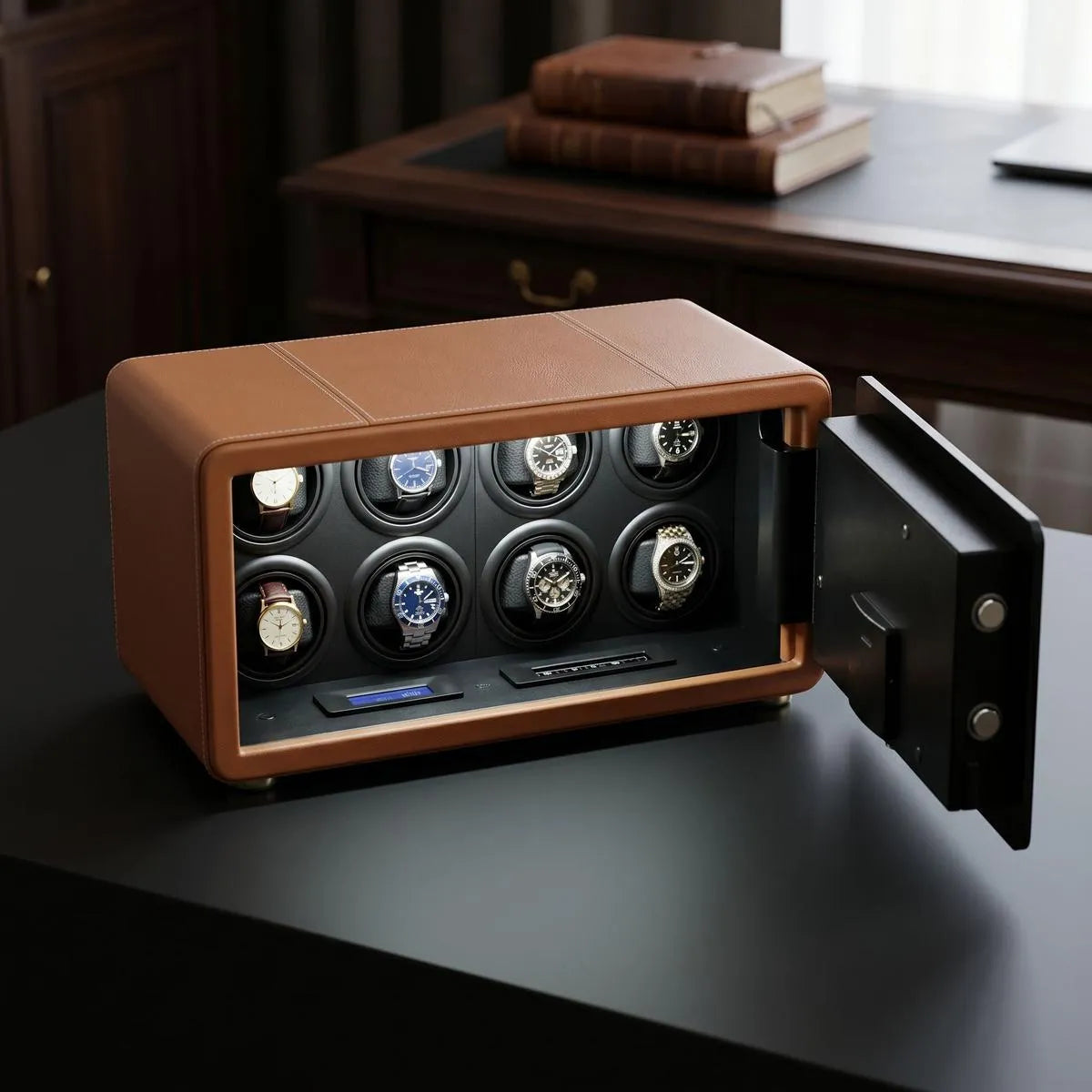 Close-up of Tempus 8 Watch Winder Safe showing brown leather finish and touch screen controls on rotors.