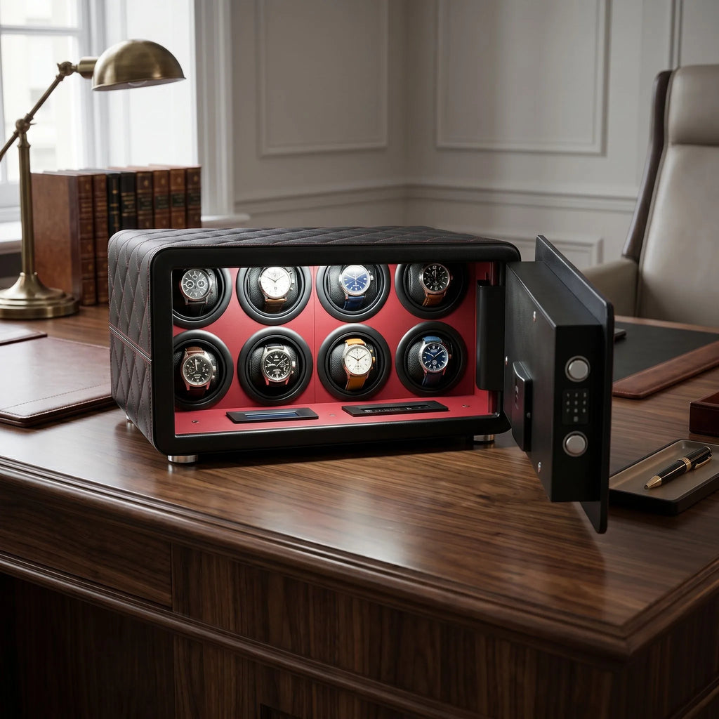 Full-body view of Tempus 8 watch winder safe in a sophisticated environment highlighting black leather exterior and secure lock.