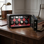 Full-body view of Tempus 8 watch winder safe in a sophisticated environment highlighting black leather exterior and secure lock.