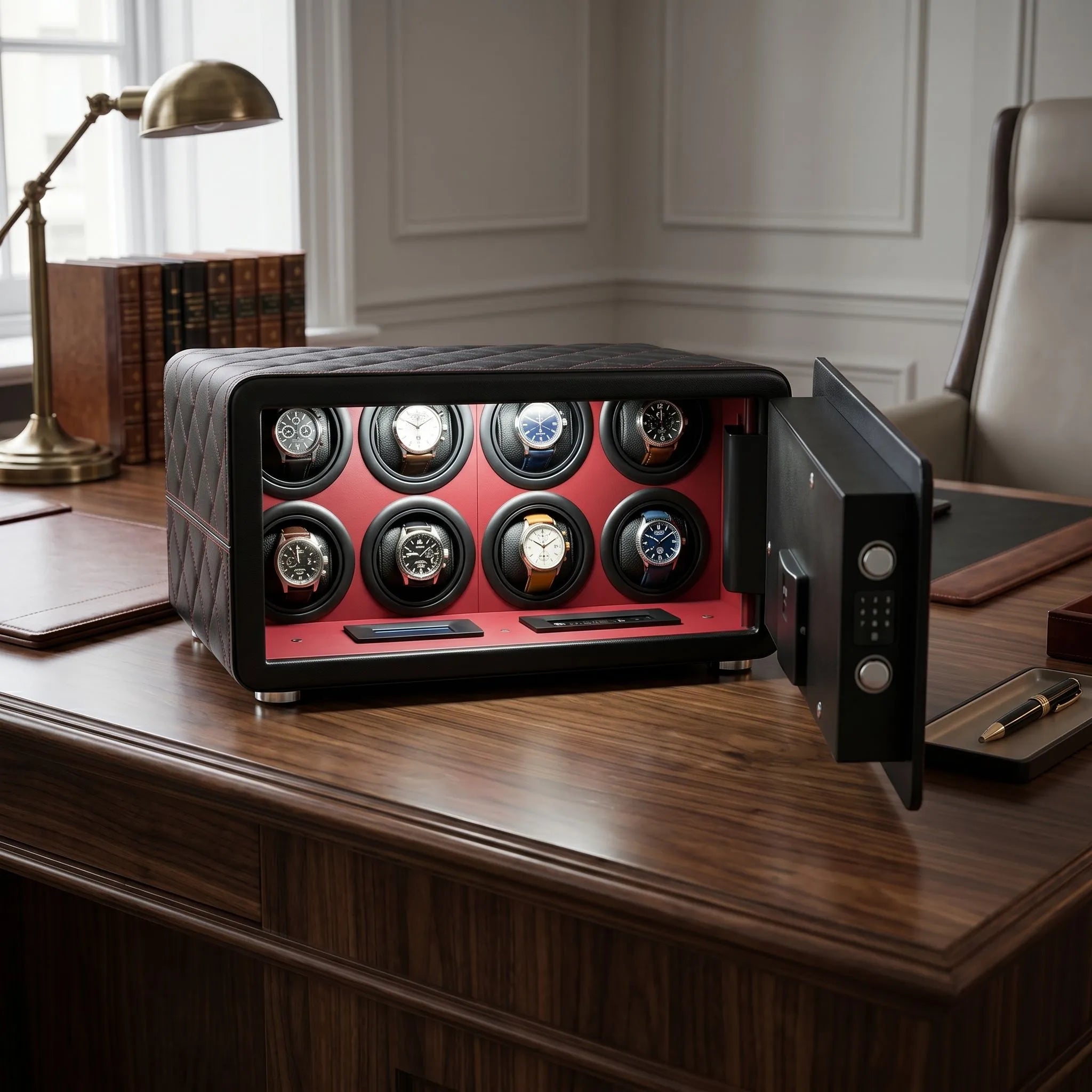 Full-body view of Tempus 8 watch winder safe in a sophisticated environment highlighting black leather exterior and secure lock.