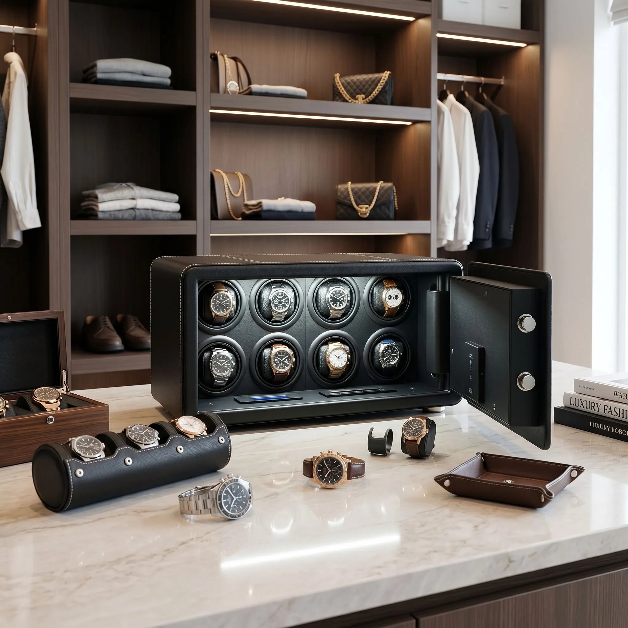 Full frontal view of Tempus 8 watch winder safe on a polished dressing room countertop, emphasizing size, security features, and elegant design.