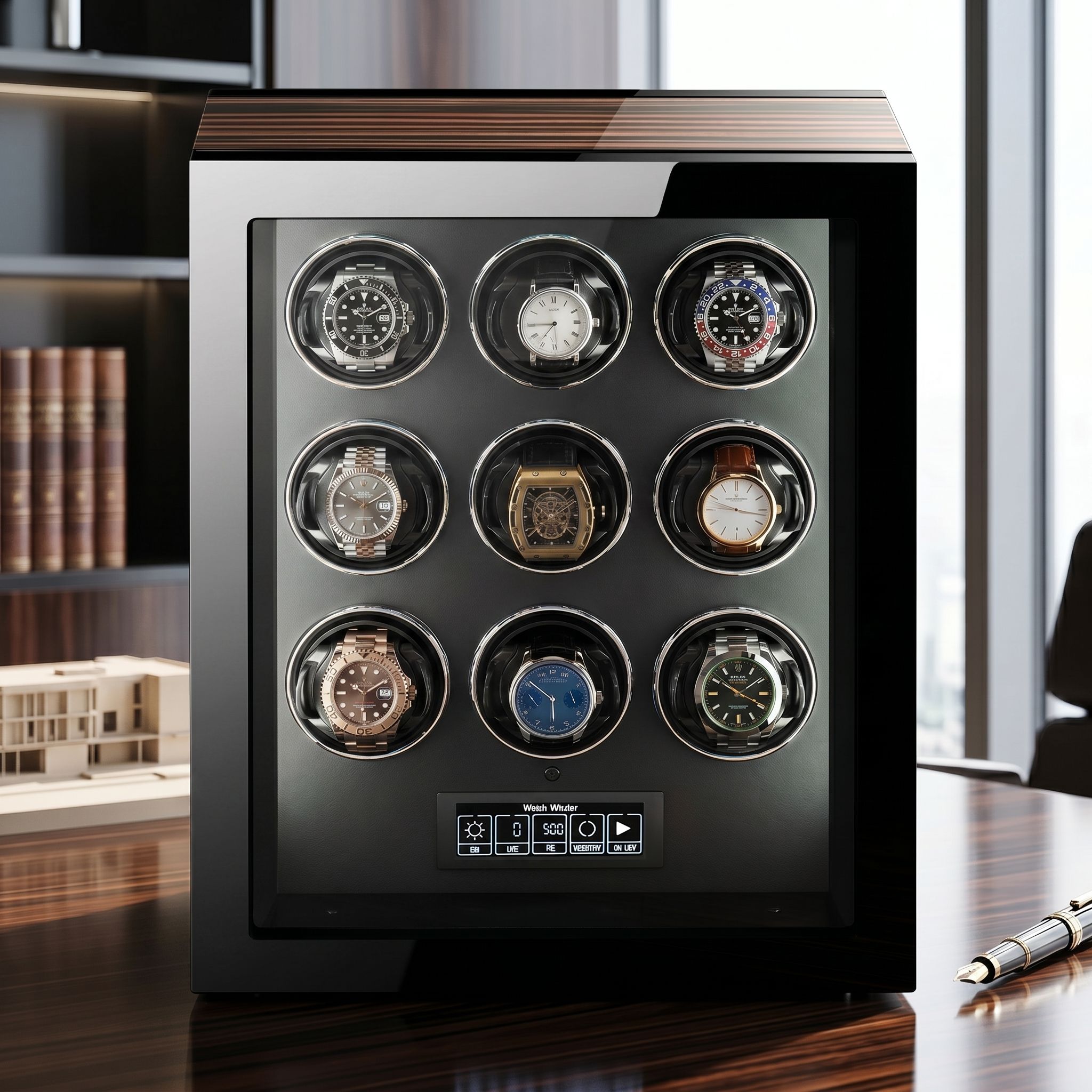 Tempus 9 watch winder housing Rolex automatic watches with a sleek design.