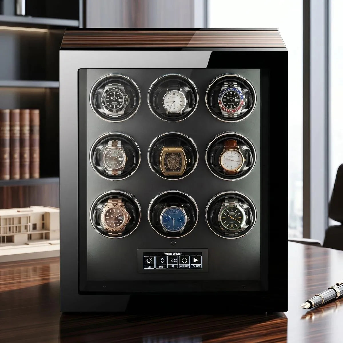 Tempus 9 watch winder housing Rolex automatic watches with a sleek design.