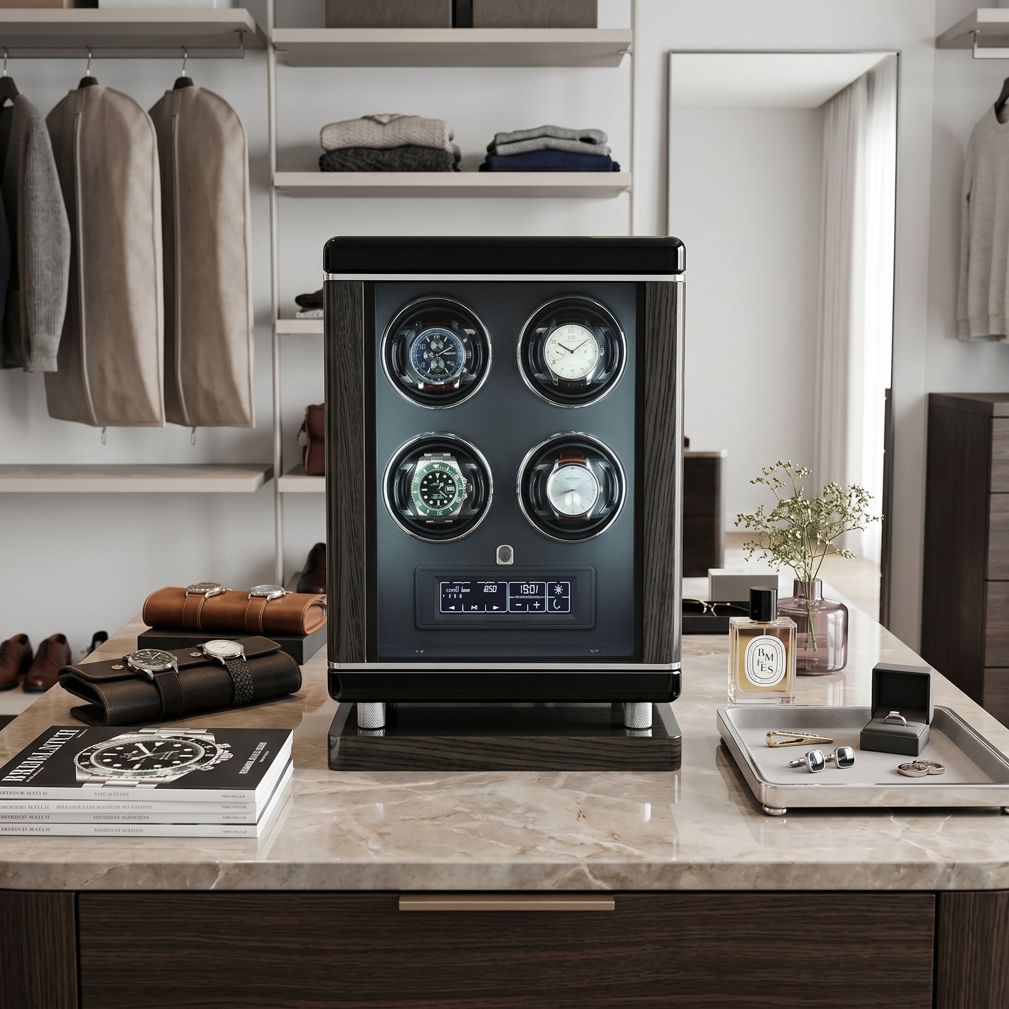 Front view of Tempus 4 Watch Winder in a bright, luxurious dressing room amid watches and jewelry.