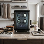 Front view of Tempus 4 Watch Winder in a bright, luxurious dressing room amid watches and jewelry.