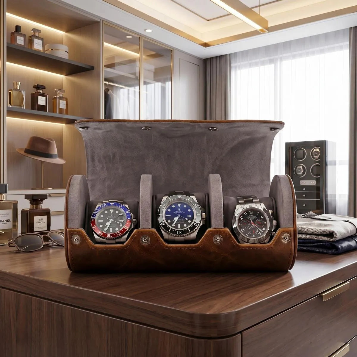 Elegant vintage brown leather watch roll with grey suede lining on a wooden table in a bright, modern walk-in dressing room, highlighting craftsmanship.