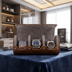 Close-up of vintage brown leather watch roll with grey suede lining in a luxurious walk-in dressing room.