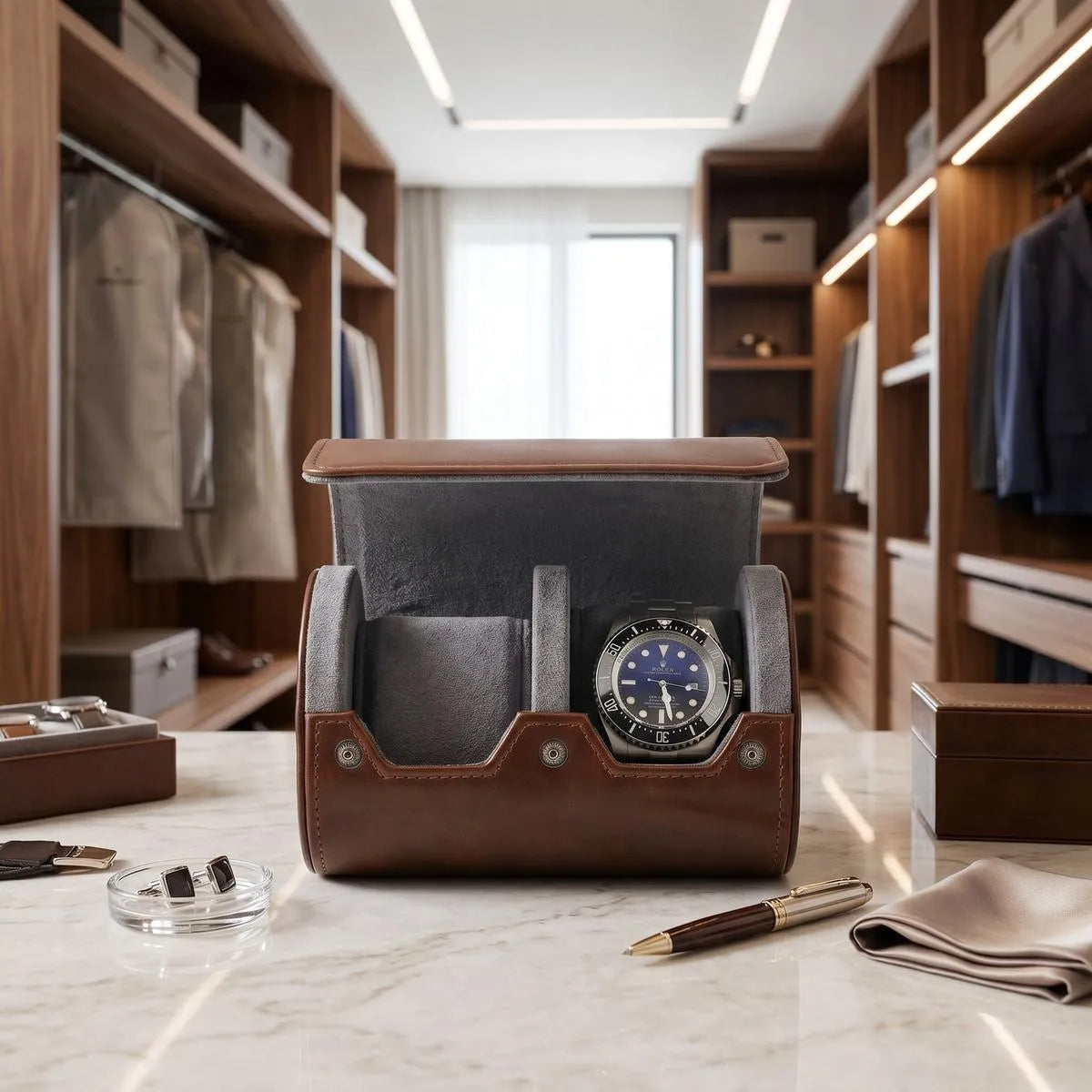 Close-up of vintage brown leather watch roll with grey suede lining in a bright, luxurious dressing room showing craftsmanship details.