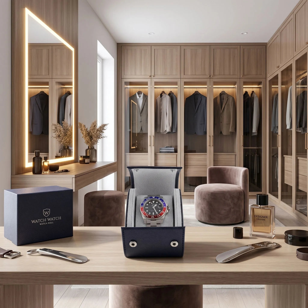 Full-body view of navy blue Saffiano leather watch roll on wooden vanity in upscale dressing room with fashion accessories.
