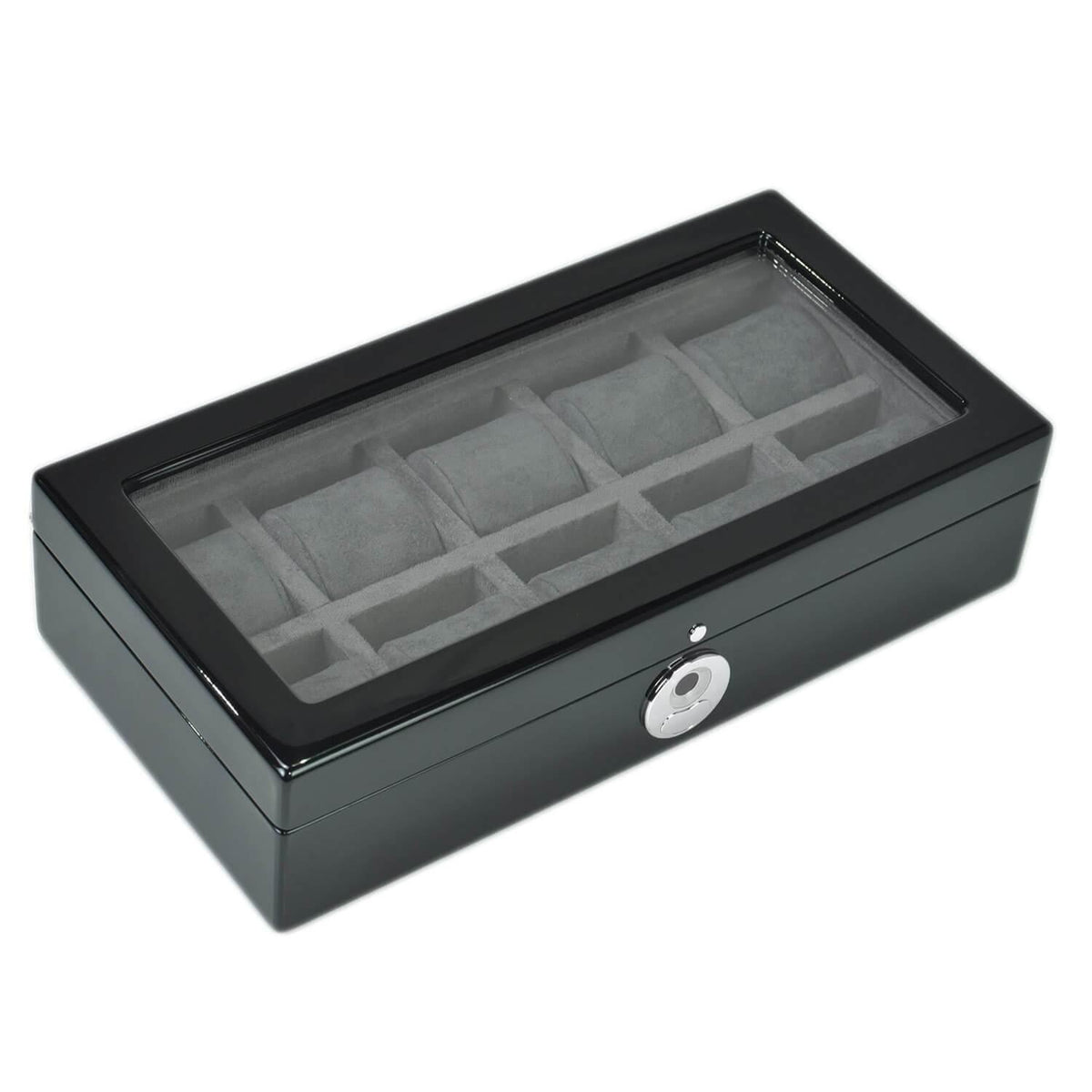 Watch Box in Black Piano Finish with BioMetric Lock Glass Lid for 10 Watches