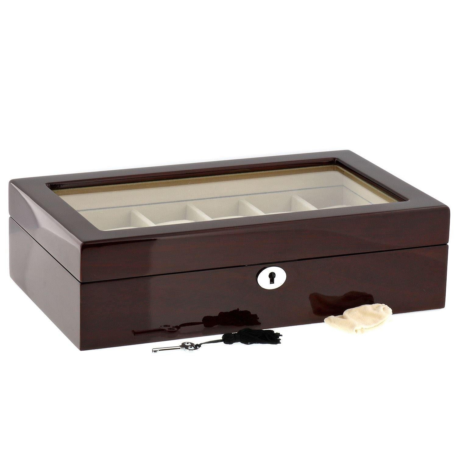 High Quality Watch Collectors Box for 12 Watches with Mahogany Veneer High Gloss Finish by Tempus